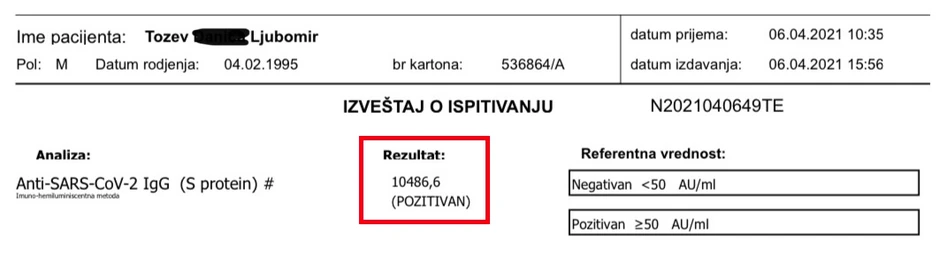 Test dve nedelje nakon primanja druge doze