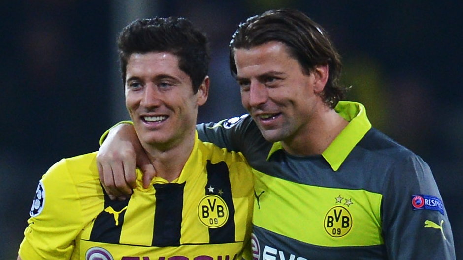 Robert Lewandowski i Roman Weidenfeller w barwach BVB (marzec 2013 r.)