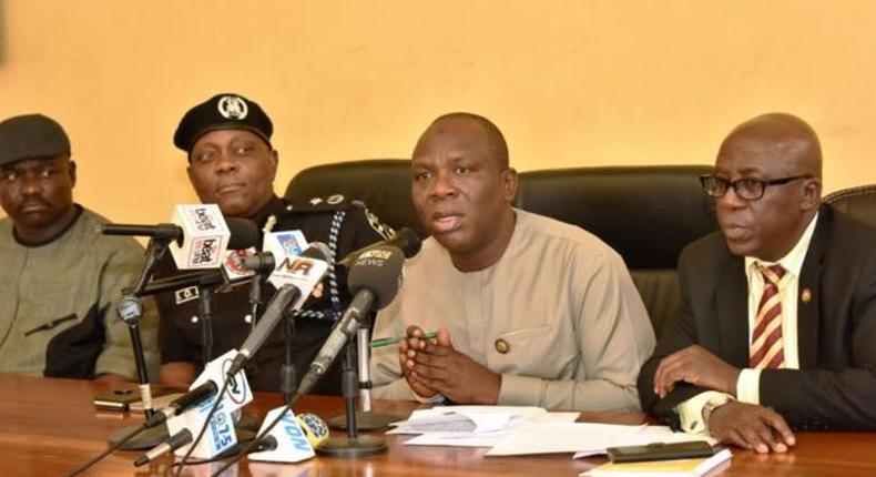 L-R: Chairman of NURTW, Lagos State Chapter, Alhaji Tajudeen Agbede; Deputy Commissioner of Police, Operations, Lagos, Mr. Imohimi Edgal; Acting Commissioner for Transportation, Prince Olanrewaju Elegushi and Permanent Secretary, Ministry of Information & Strategy, Mr. Folarin Adeyemi during a press briefing on the suspension of the activities of the National Union of Road Transport Workers (NURTW) in Oshodi by the Lagos State Government at the Bagauda Kaltho Press Centre, the Secretariat, Alausa, Ikeja, on Monday.