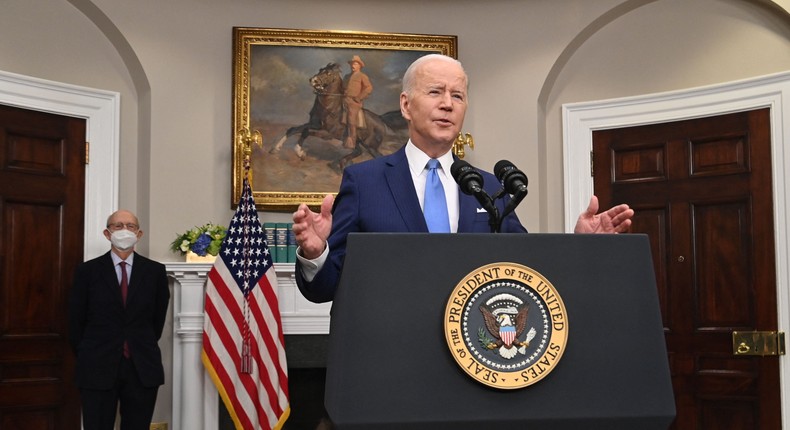 President Joe Biden, with retiring US Supreme Court Justice Stephen Breyer, speaks in the Roosevelt Room of the White House in Washington, DC, on January 27, 2022.