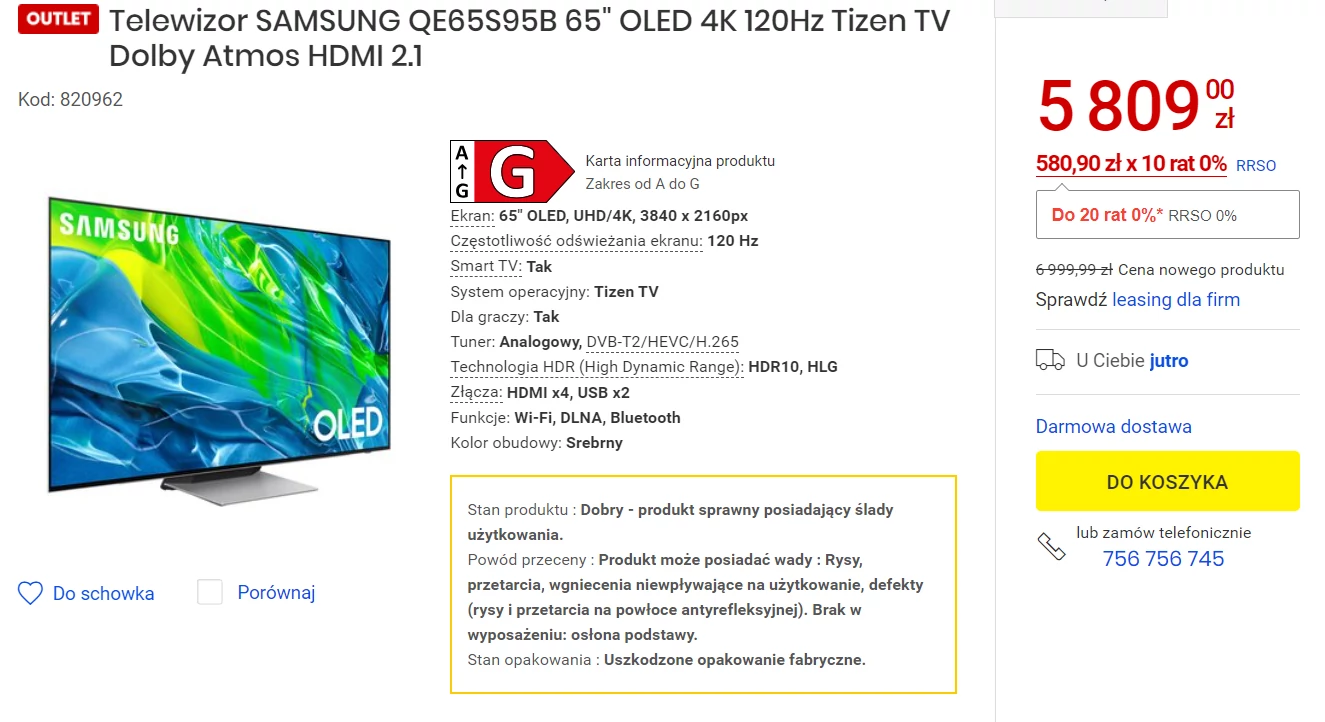 65-calowy telewizor OLED Samsunga z 2022 r. dostępny w outlecie za mniej niż 6 tys. zł. Brzmi jak sen, ale wszystko zależy od faktycznego stanu urządzenia