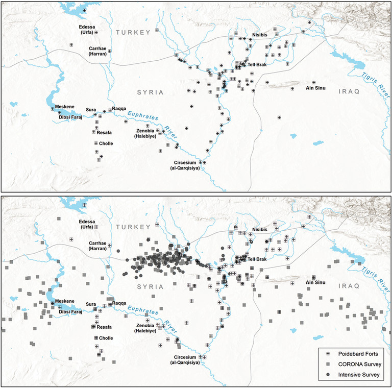Mapa porównująca rozmieszczenie fortów we współczesnej Syrii i Iraku. U góry zdjęcie lotnicze z 1934 r. Na dole nowe badanie z 2023 r., oparte na zdjęciach z dwóch odtajnionych programów szpiegowskich.