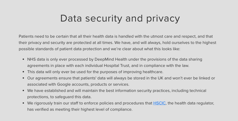 Here is what DeepMind writes on the DeepMind Health website to reassure NHS patients that their data is safe.