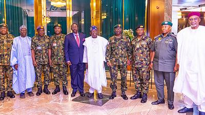 President Bola Tinubu (centre) with Nigeria’s service chiefs and heads of intelligence agencies at the State House in Abuja on June 1, 2023. [Presidency]