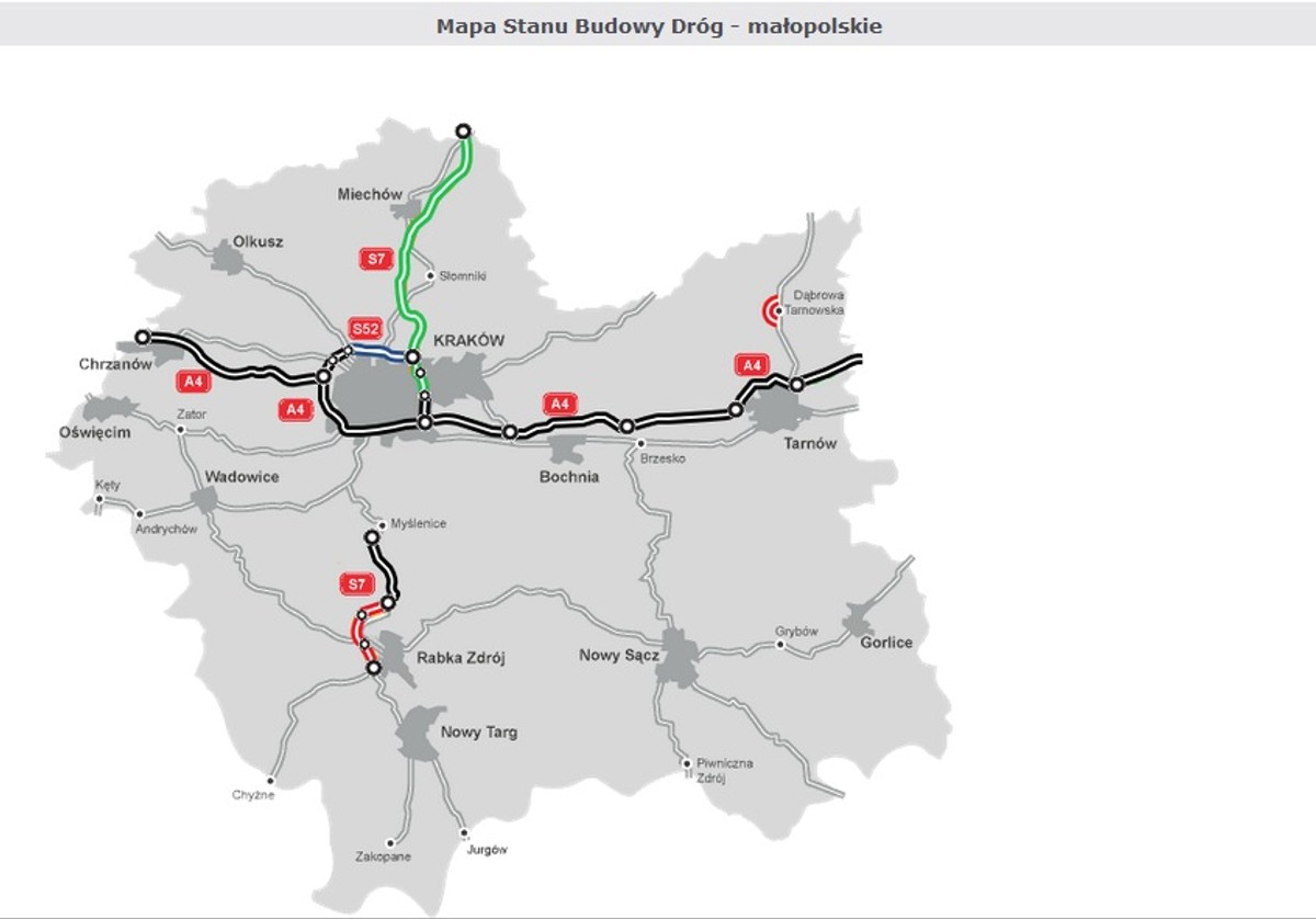 Małopolskie - mapa stanu budowy dróg, źródło GDDKiA