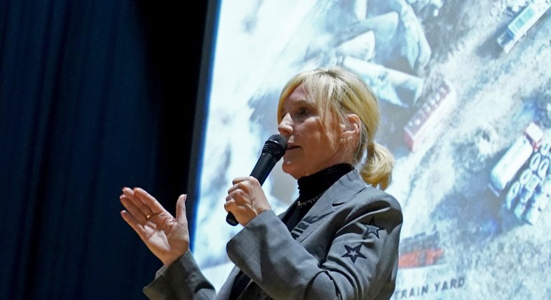 Activist Erin Brockovich speaks during a town hall meeting at East Palestine High School concerning the Feb. 3 Norfolk Southern freight train derailment in East Palestine, Ohio, Friday, Feb. 24, 2023.Matt Freed/AP