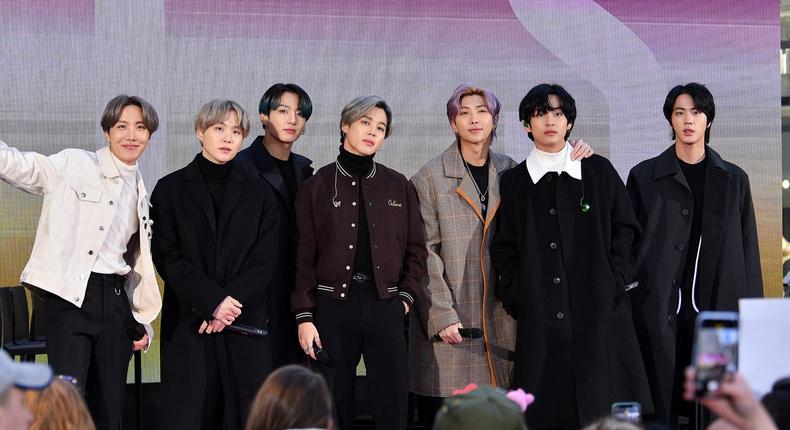 J-Hope, SUGA, Jungkook, Jimin, RM, V, and Jin of the K-pop boy band BTS visit the Today Show at Rockefeller Plaza on February 21, 2020 in New York City.