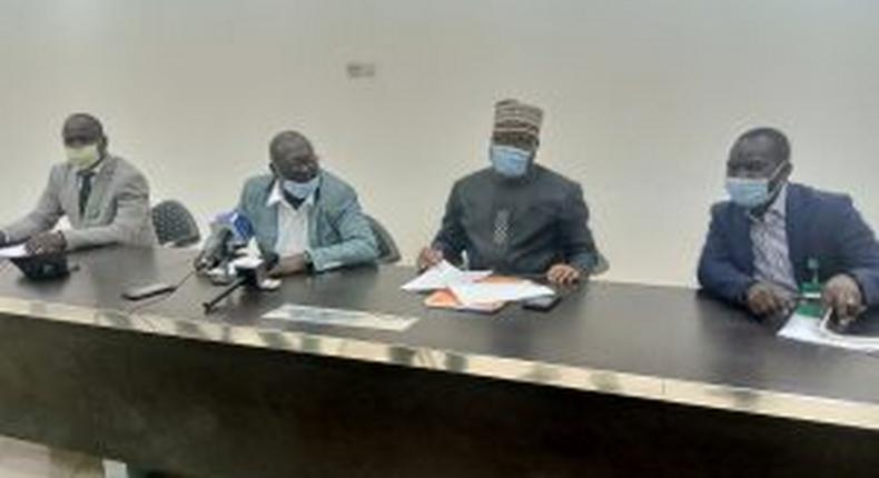 From Right, Dr Makut Macham, Gov Simon Lalong’s Director of Press and Public Affairs,Mr Sylvester Wallangko, Commissioner for Budget and Planning, Mr Dan Manjang, Commissioner for information and Communication and Dr Nimkong Lar, the Commissioner for Health in Plateau, in a briefing at Government House Jos, on Wednesday, after an executive meeting. [NAN]