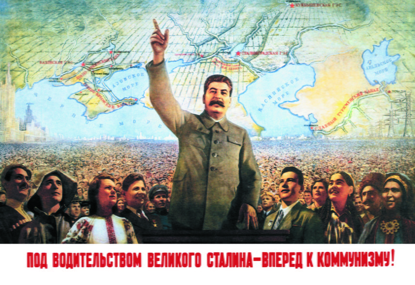 Obraz przedstawiający Stalina stojącego przed mapą świata z podniesionymi 