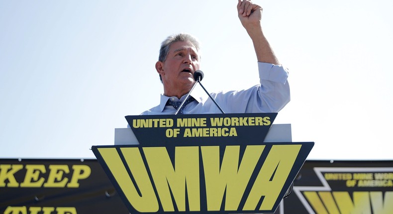 Miners Protection Act sponsor Sen. Joe Manchin (D-WV) addresses thousands of members of the United Miner Workers of America as they gather for a rally on the National Mall September 8, 2016 in Washington, DC.
