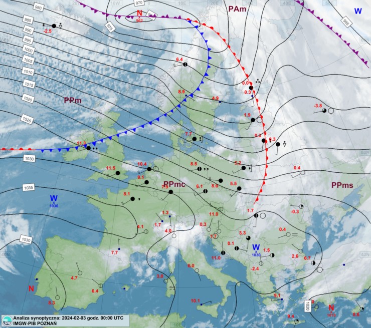 Mapa synoptyczna Europy z 3 lutego. Widoczny jest duży poziomy gradient ciśnienia w postaci gęsto ułożonych izobar, czyli linii na mapie łączących punkty o jednakowej wartości ciśnienia.