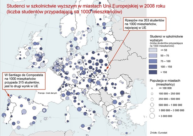 Studenci w szkolnictwie wyższym w miastach Unii Europejskiej w 2008 roku