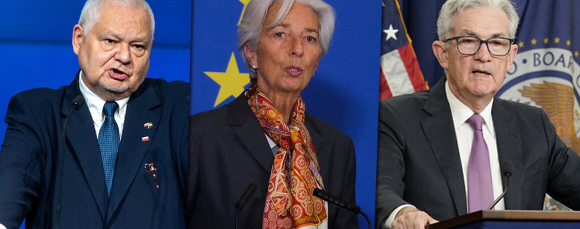 Adam Glapiński (z lewej), prezes NBP, Christine Lagarde, szefowa EBC, i Jerome Powell, prezes Fed. 