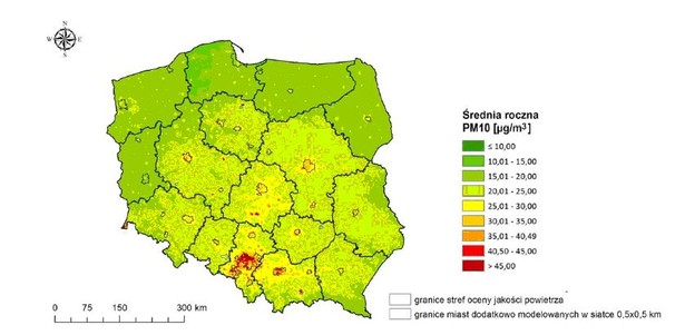 Rozkład stężeń średniorocznych pyłu zawieszonego PM10 w roku 2015. Źródło: Państwowy Monitoring Środowiska – Inspekcja Ochrony Środowiska, „Ocena jakości powietrza w strefach w Polsce za rok 2015”