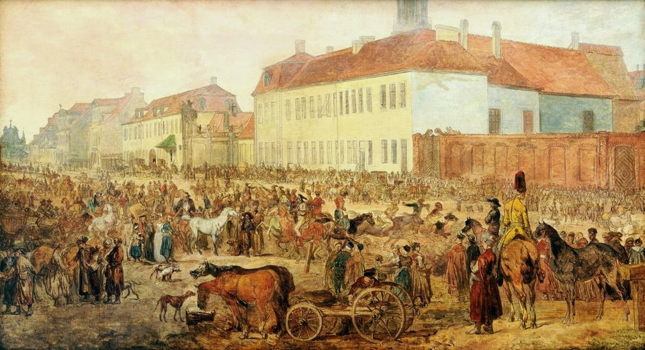 Jan Piotr Norblin — Targ na konie na ul. Królewskiej w Warszawie (Domena publiczna)
