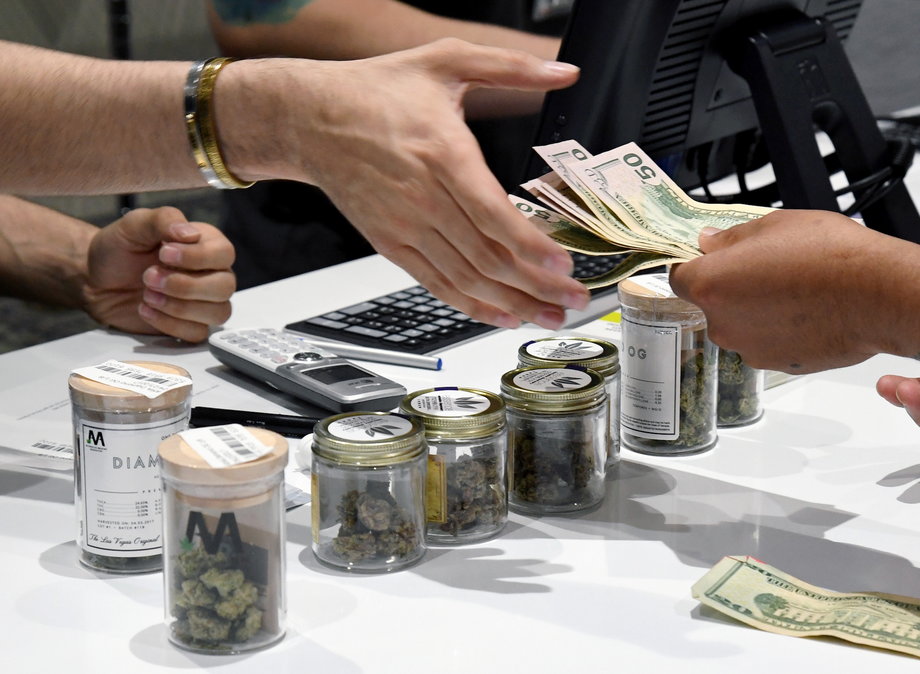 A customer paying for cannabis products at a dispensary in Las Vegas.