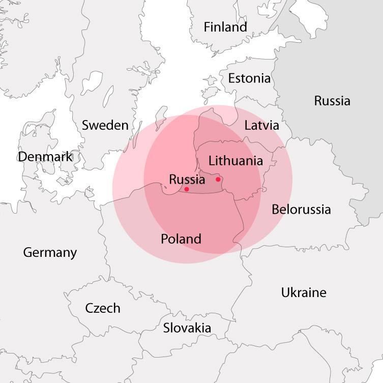 W 2018 r. Rosja poinformowała o rozmieszczeniu Iskanderów na terenie Obwodu kaliningradzkiego. Tak wygląda ich zasięg z tego terytorium 