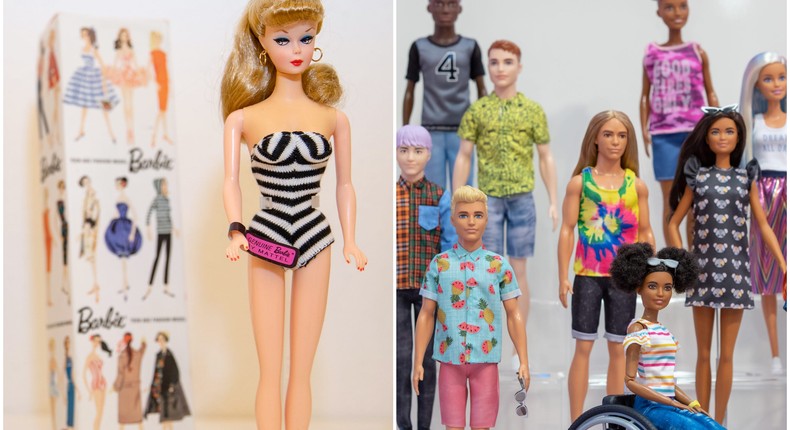 The first Barbie doll was released by toy company Mattel in 1959. The dolls now come in a range of skin tones, body shapes, and genders.Christoph Schmidt/Picture Alliance via Getty Images; Daniel Karmann/Picture Alliance via Getty Images