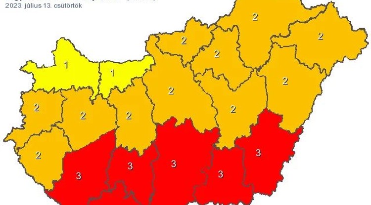 Az OMSZ figyelmeztetése július 13 csütörtökre