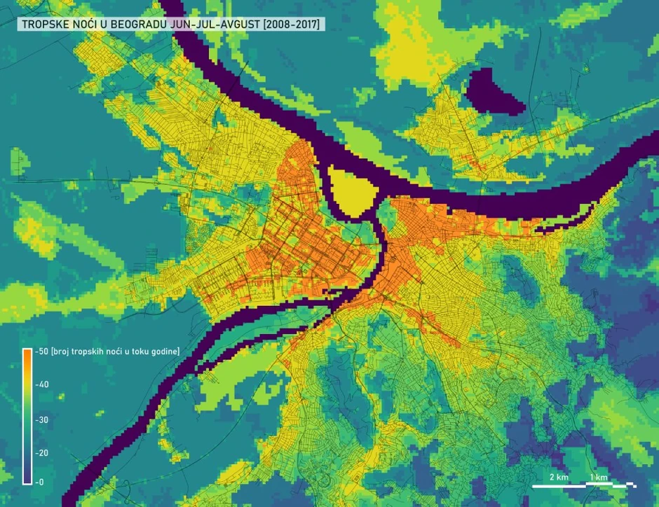 Mapa tropskih noći Beograda