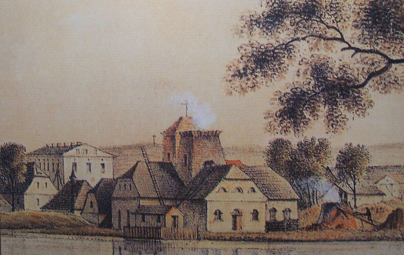 Widok na Kuźnicę Bogucką, połowa XIX wieku (litografia Ernsta Knippla)