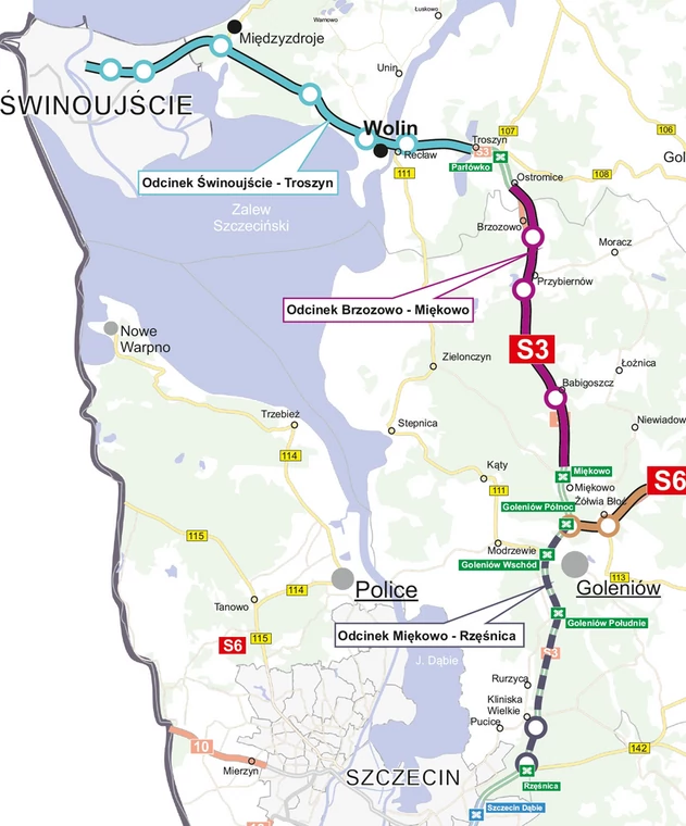 Mapka S3 Świnoujście - Szczecin