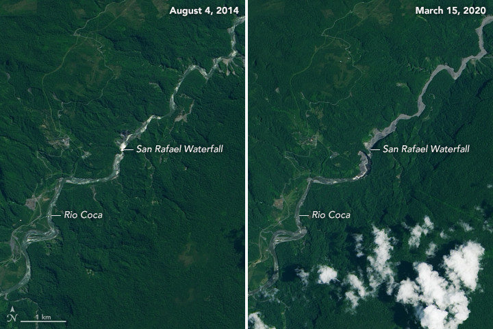 Wodospad San Rafael na zdjęciach satelitarnych w sierpniu 2014 i w marcu 2020 r.