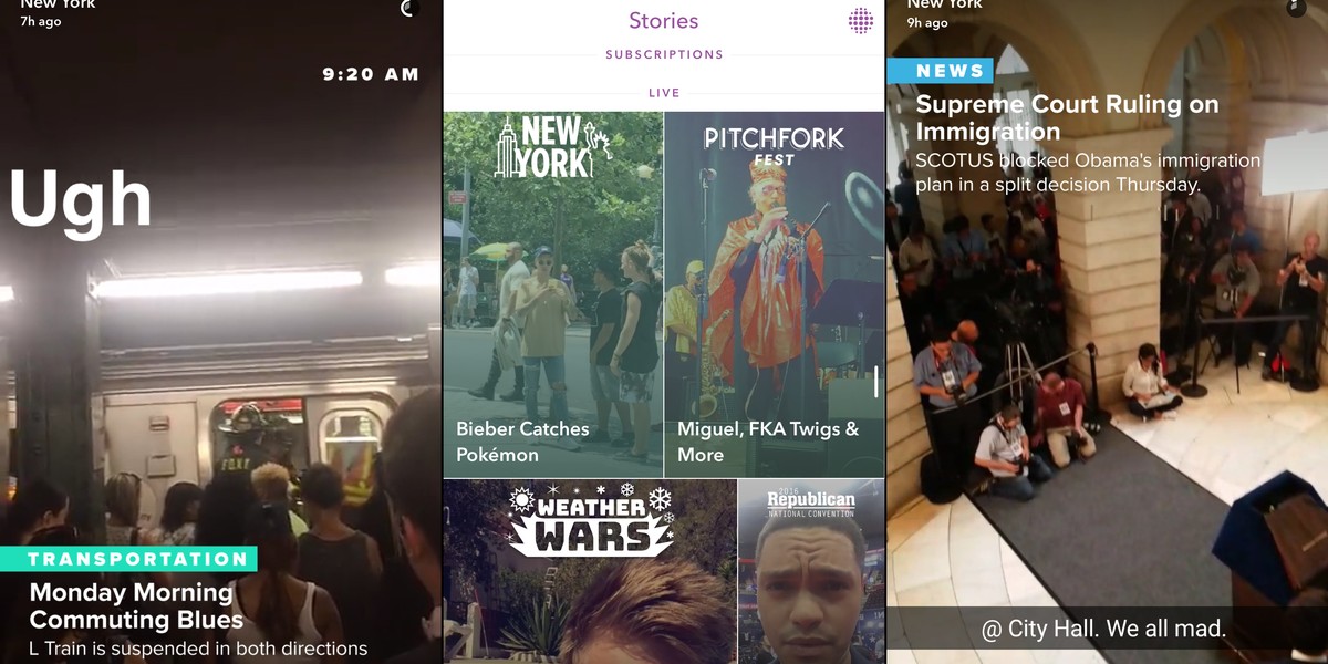 Snapchat's local Live Stories used human editors to curate crowdsourced videos from Snapchat users in a city. The editors also added extra captions for news like train delays and local events.