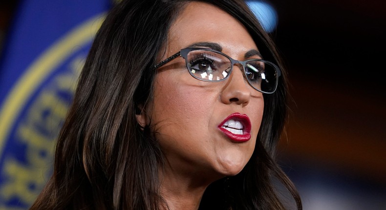 Rep. Lauren Boebert, R-Colo., speaks to reporters at the Capitol in Washington, Wednesday, June 8, 2022.J. Scott Applewhite/AP