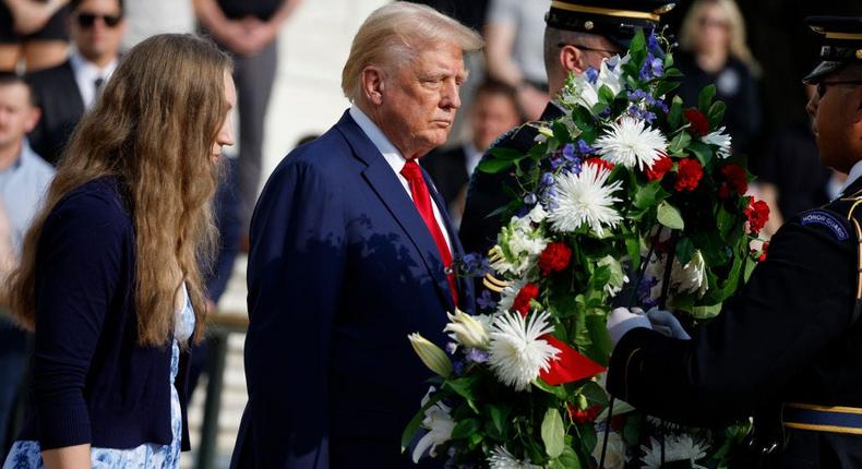 Donald Trump attending a wreath laying ceremony at the Tomb of the Unknown Soldier at Arlington National Cemetery.Anna Moneymaker/Getty Images