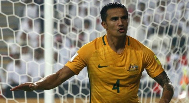 Australia's veteran talisma Tim Cahill celebrates after scoring a goal during their 2018 World Cup Asia qualifying match against United Arab Emirates, at the Mohammed Bin Zayed Stadium in Abu Dhabi, on September 6, 2016