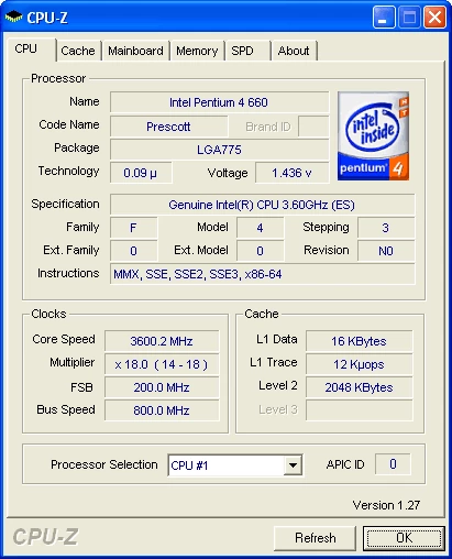 Pentium 4 660 taktowany zegarem 3,6 GHz (pod obciążeniem). Zwróćcie uwagę na obecność rozszerzeń x86-64 (EM64T), a także na 2048 kilobajtów pamięci cache drugiego poziomu