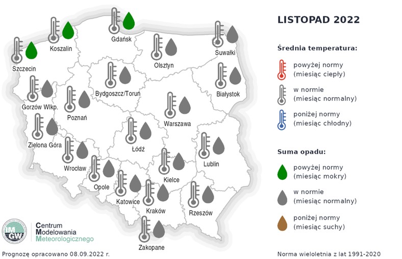 Listopad bliski normie termicznej i opadowej