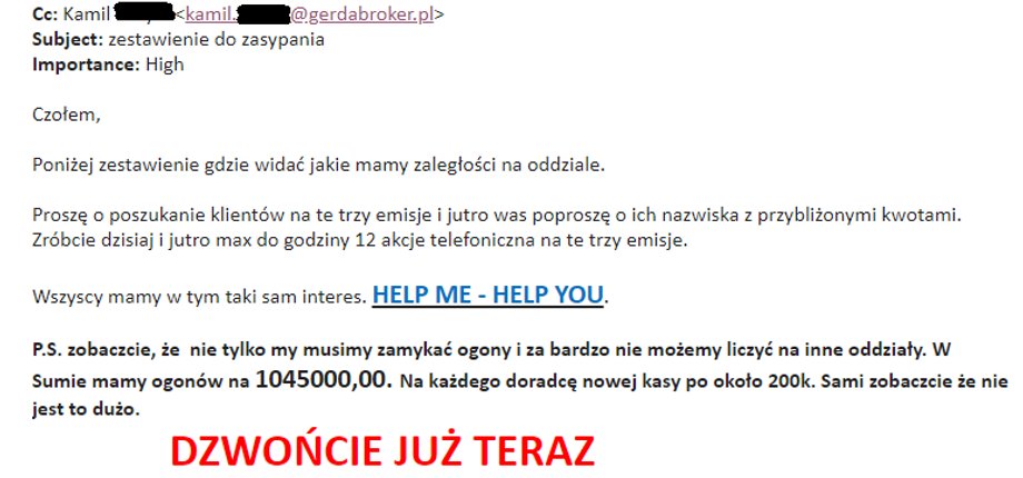 Wiadomość e-mail informująca, ile sprzedawcy mają "ogonów do zasypania", czy jaką kwotę muszą pozyskać, aby spłacić starych inwestorów.