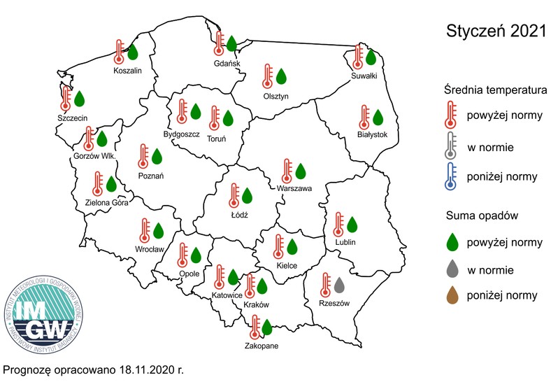 Prognoza średniej miesięcznej temperatury i miesięcznej sumy opadów na styczeń 2021 r.