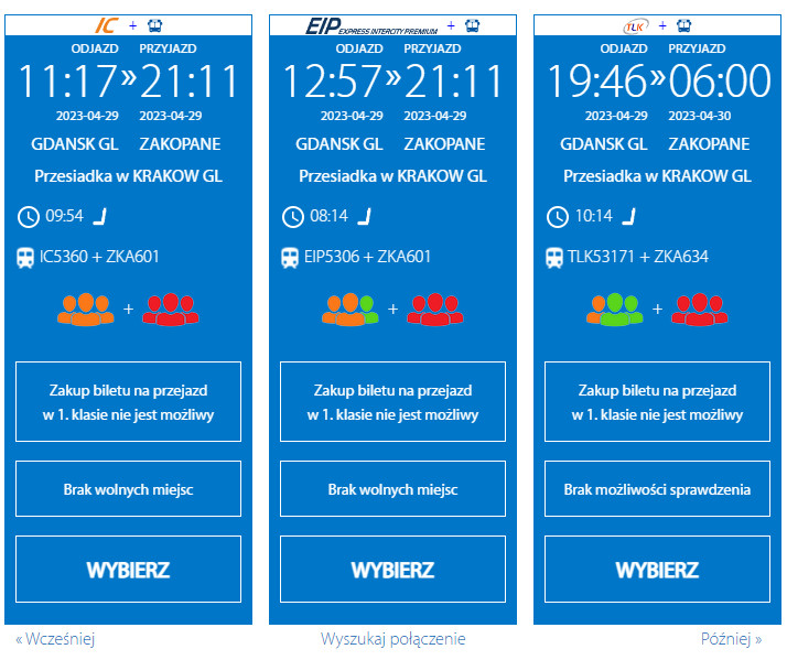 Dostępność biletów na pociągi na trasie Gdańsk-Zakopane na 29 kwietnia.
