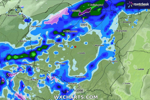 Do Polski zmierza ochłodzenie, które przyniesie ze sobą nie tylko minusowe temperatury, ale również opady śniegu (fot. WXCHARTS.COM)