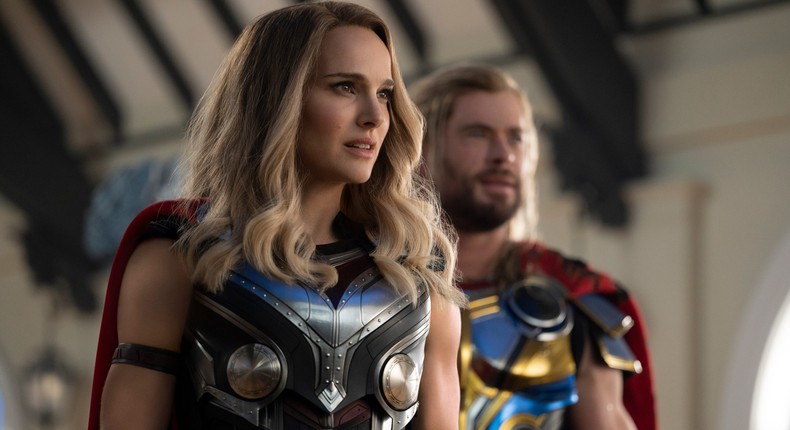 Natalie Portman and Chris Hemsworth in Thor: Love and Thunder.