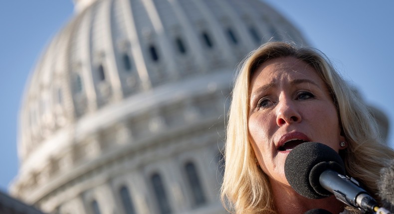 Rep. Marjorie Taylor Greene (R-GA) speaks at a news conference with members of the House Freedom Caucus on Capitol Hill September 15, 2022 in Washington, DC.