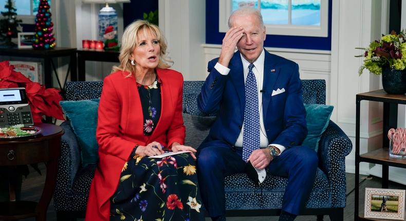 President Joe Biden and first lady Jill Biden speak with the NORAD Tracks Santa Operations Center on Peterson Air Force Base, Colo., via teleconference on Friday, Dec. 24, 2021.