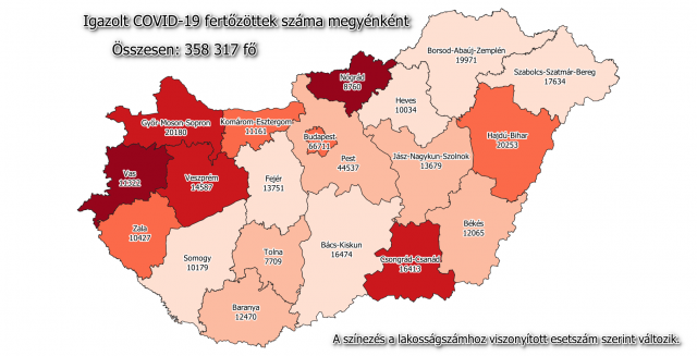 A fertőzöttek megoszlása megyénként / Fotó: koronavirus.gov.hu