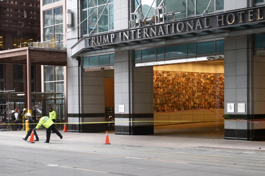 Toronto police place construction cones around the Trump International Hotel and Tower in Toronto, Ontario, in March 2012.