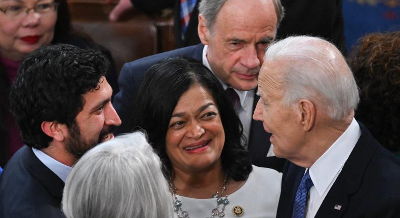 President Joe Biden speaking with progressive Democratic Reps. Pramila Jayapal of Washington and Greg Casar of Texas after Thursday's State of the Union address.Andrew Caballero-Reynolds/AFP via Getty Images