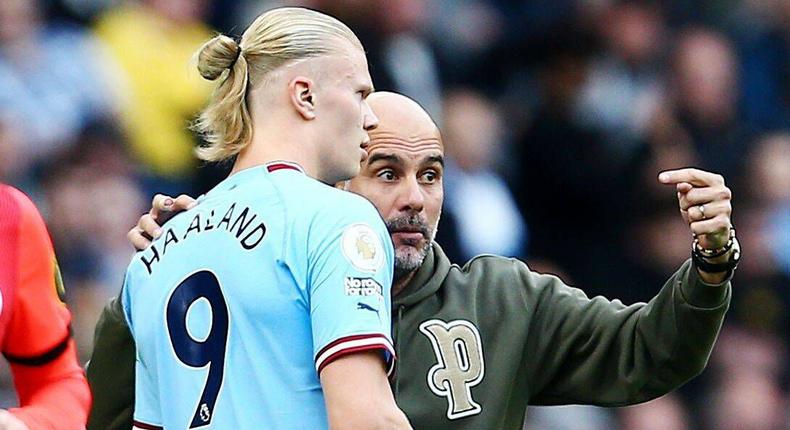anchester City manager Pep Guardiola issues instructions to Erling Haaland on October 22, 2022.
