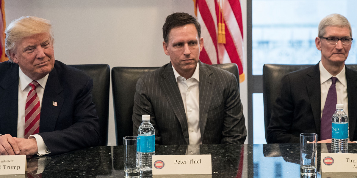 From left to right: Donald Trump, Peter Thiel, and Apple CEO Tim Cook at Wednesday's tech summit in New York.