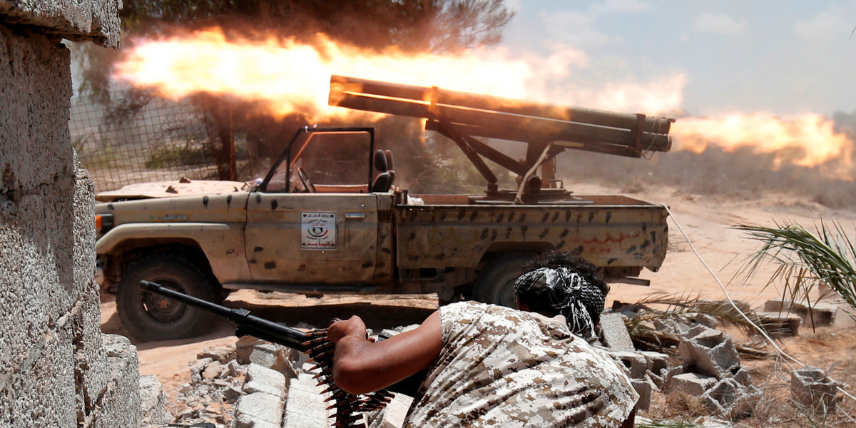 Libyan forces allied with the UN-backed government battling ISIS fighters in Sirte, Libya.