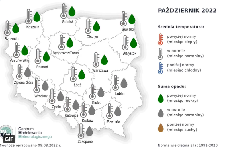 Prognoza temperatury i opadów na październik