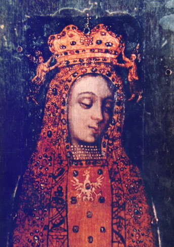 Obraz Matki Bożej Licheńskiej bez koron. Widać wyraźnie białego orzełka na piersi - domena publiczna