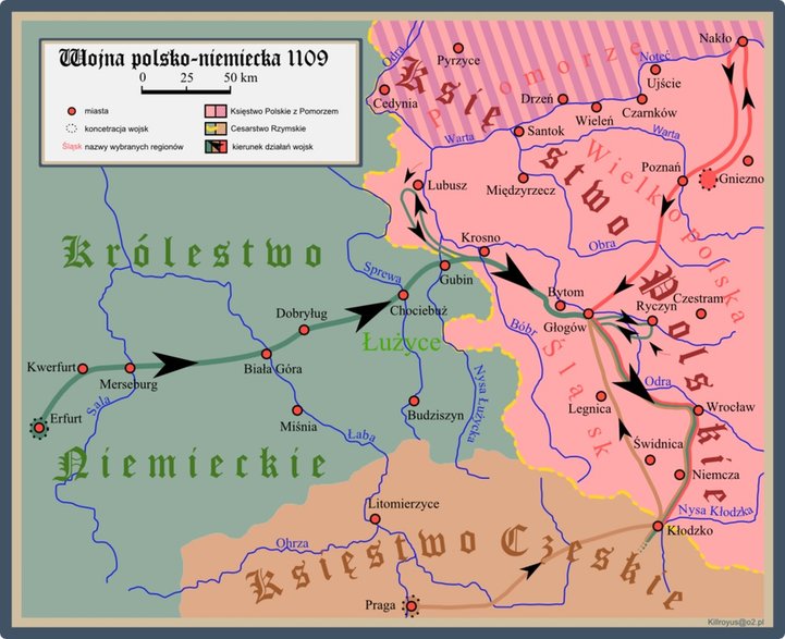 Mapa ukazująca przebieg wojny polsko-niemieckiej w 1109 / fot. CC-BY-SA 30