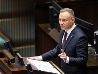 Prezydent Andrzej Duda przemawia podczas pierwszego posiedzenia Sejmu X kadencji. 13 listopada 2023 r.